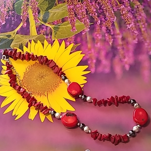 Necklace/ Choker, Hoop Earrings Set, Red Stones - Picture 3 of 6